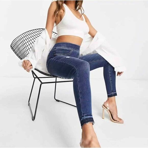 SPANX Denim - Spanx Ankle Skinny Pull On Jeans Dark Wash Comfort Shaping Distressed SZ L